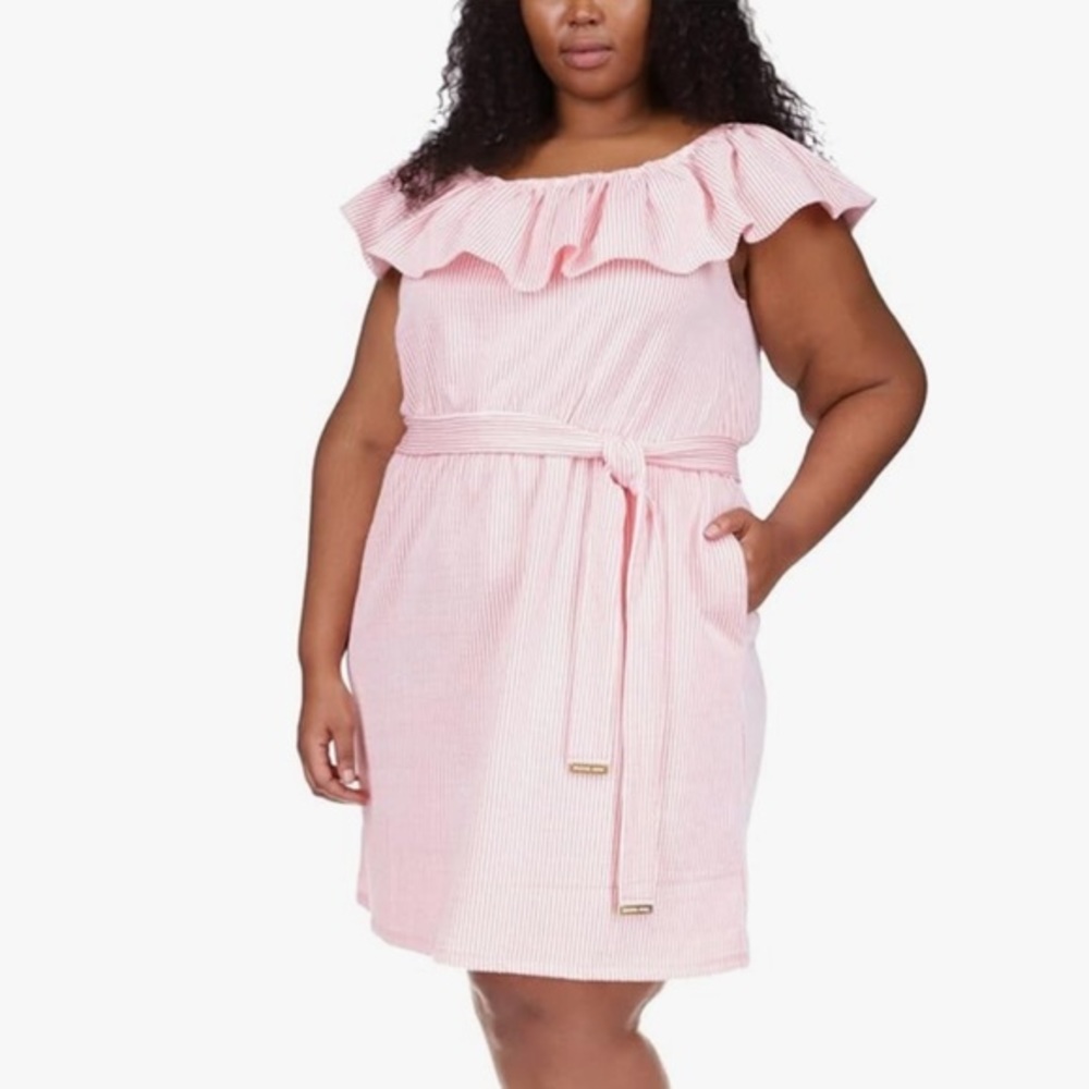 MICHAEL KORS PLUS SIZE TEXTURED ELASTIC WAIST TIE BELT DRESS RUFFLE GRAPEFRUIT